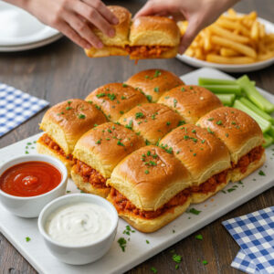 Game day party spread with buffalo chicken sliders, ranch dipping sauce, french fries, and celery sticks on a wooden serving board