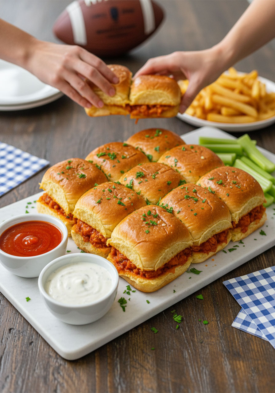 Game day party spread with buffalo chicken sliders, ranch dipping sauce, french fries, and celery sticks on a wooden serving board