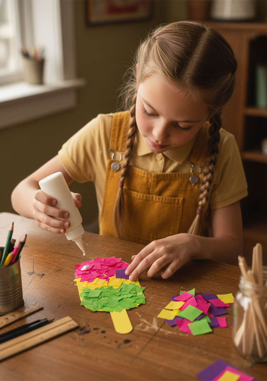 Child pressing flat tissue paper pieces onto popsicle craft in colorful mosaic stained glass style