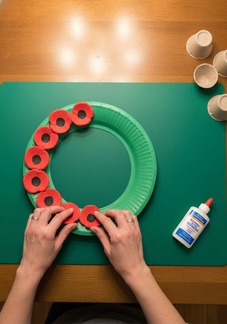 Adult hands gluing red egg carton poppy flowers onto green paper plate to assemble Memorial Day wreath