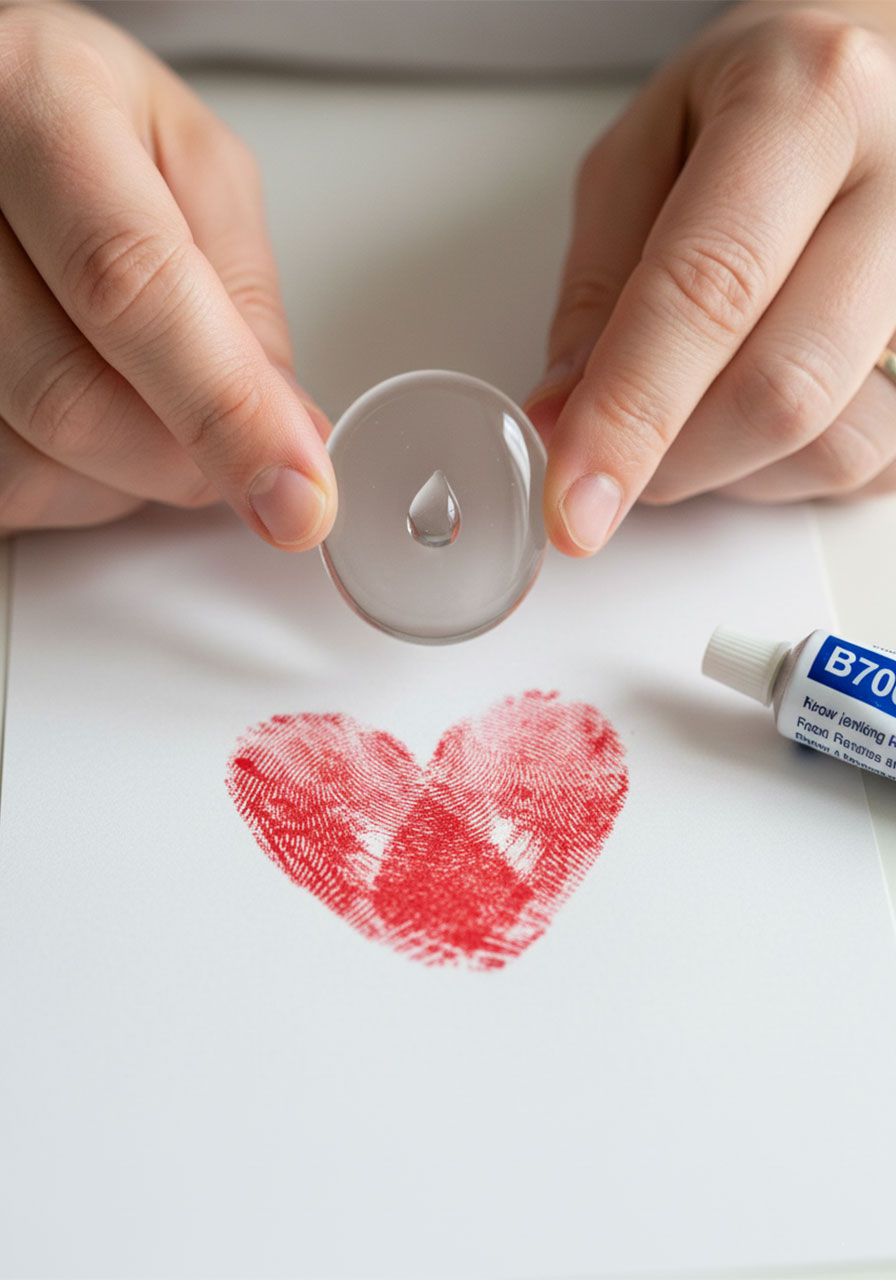 Close-up of applying B7000 jewelry glue to glass cabochon before pressing onto red thumbprint heart on white cardstock — DIY necklace pendant assembly step