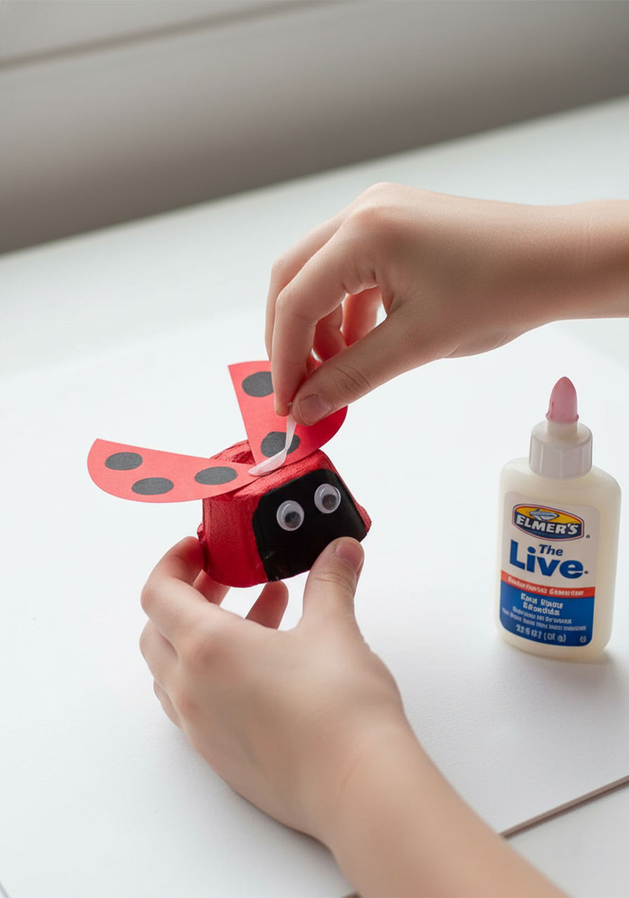 Step 4 — gluing red paper wings and googly eyes onto the painted egg carton ladybug body