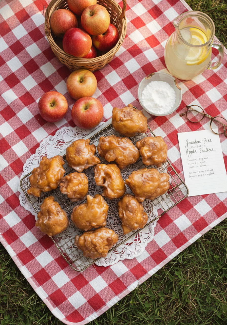 Gluten free apple fritters coated in vanilla glaze cooling on a wire rack with fresh apples