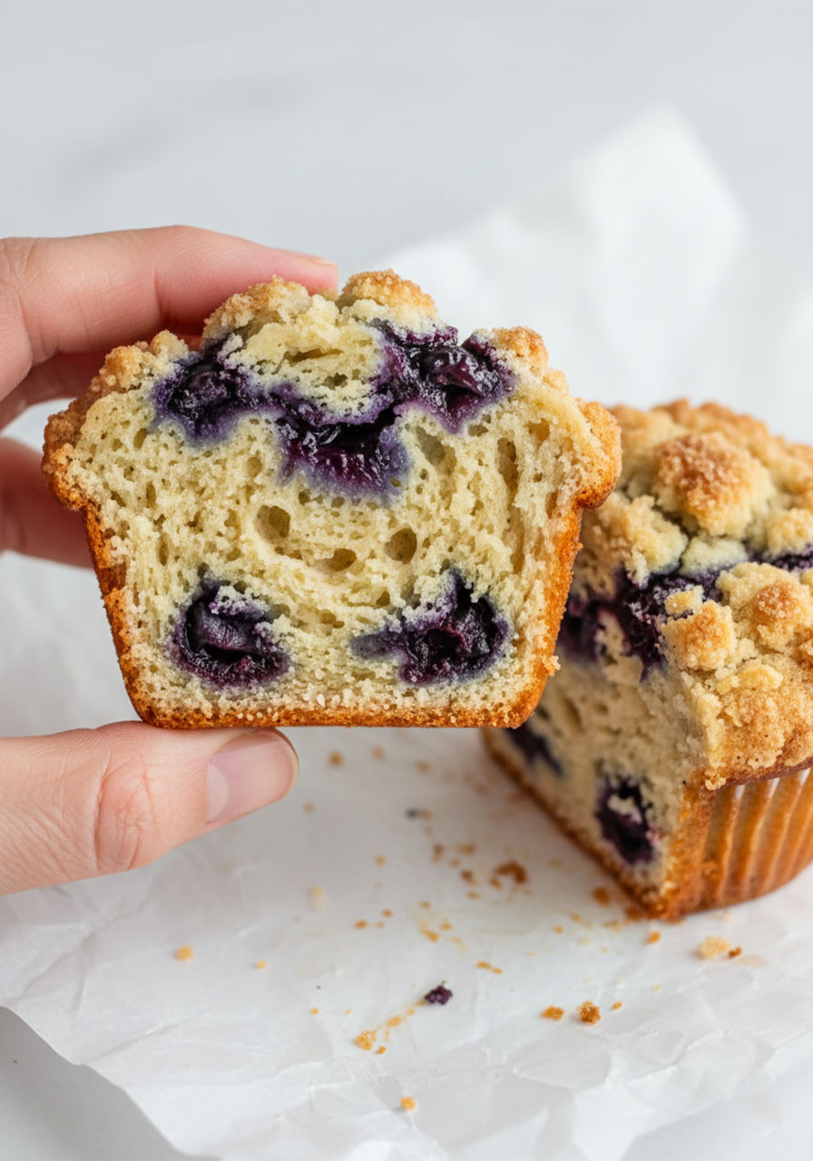 Inside cross-section of a gluten free blueberry muffin showing fluffy crumb texture, whole blueberries, and jam swirl