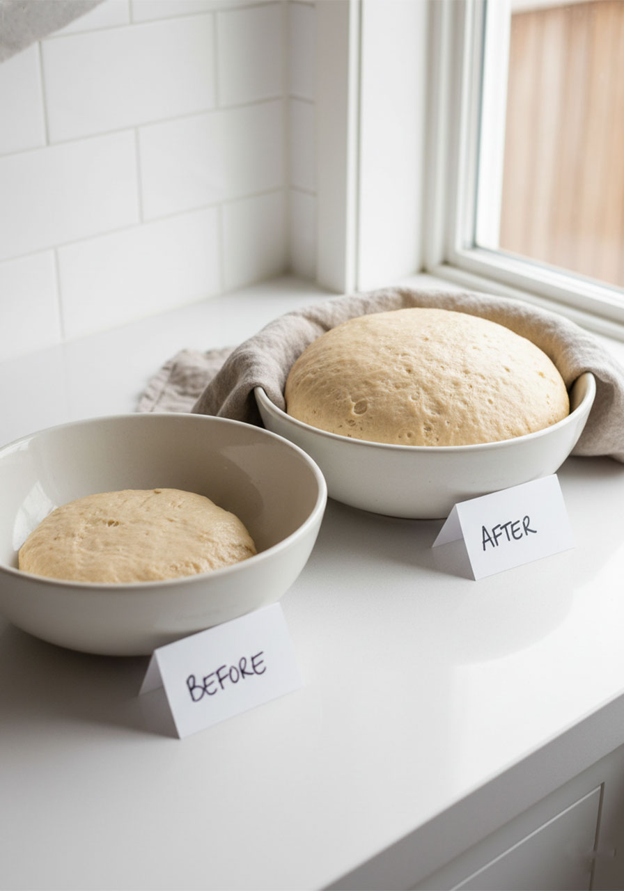 Side by side comparison of gluten free bread dough before and after rising showing doubled size