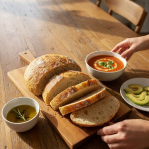 Sliced no knead gluten free bread served with tomato soup avocado and herb olive oil dipping sauce on rustic wooden table
