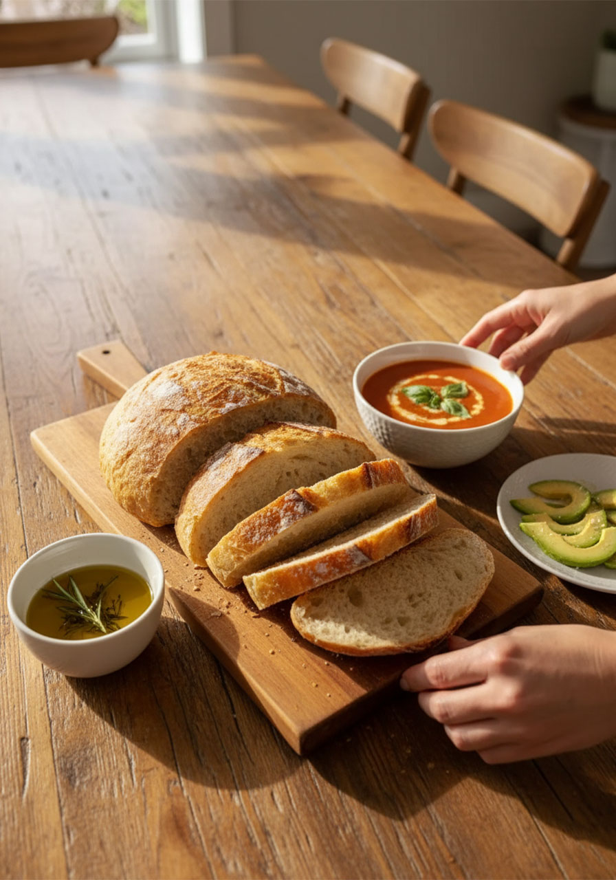 Sliced no knead gluten free bread served with tomato soup avocado and herb olive oil dipping sauce on rustic wooden table