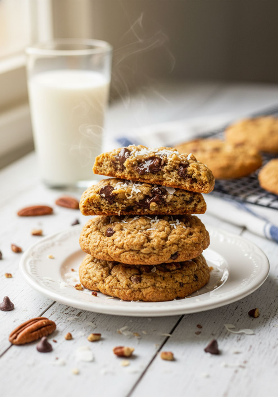 Stack of gluten free cowboy cookies with one broken open to show soft chewy interior loaded with oats pecans coconut and chocolate chips
