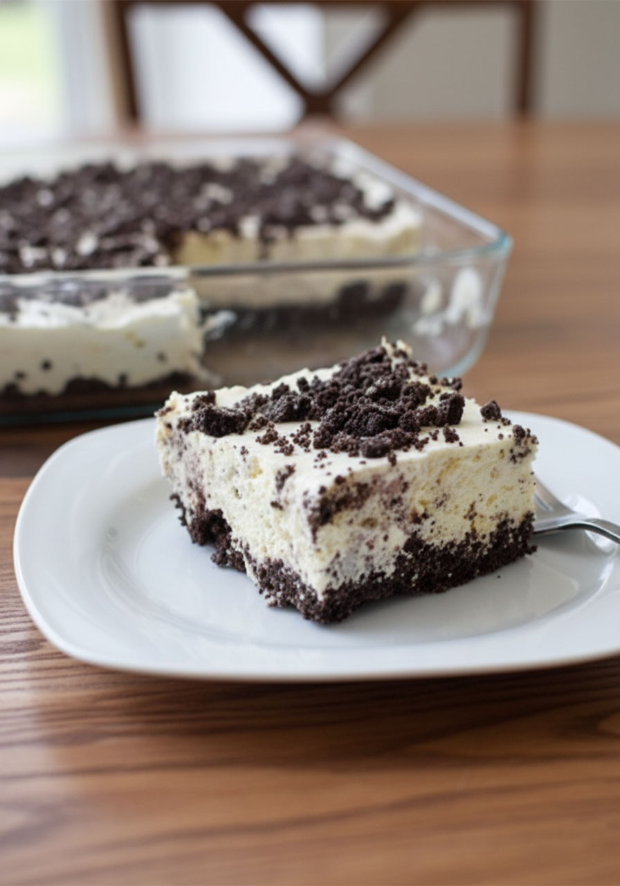 A slice of gluten free no-bake Oreo cheesecake on a white plate with cookie crumble topping and dark chocolate crust