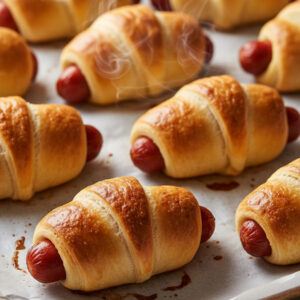 Golden-brown pigs in a blanket fresh out of the oven on parchment paper, flaky buttery crescent dough wrapped around cocktail weenies