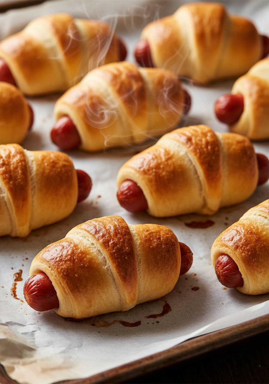 Golden-brown pigs in a blanket fresh out of the oven on parchment paper, flaky buttery crescent dough wrapped around cocktail weenies