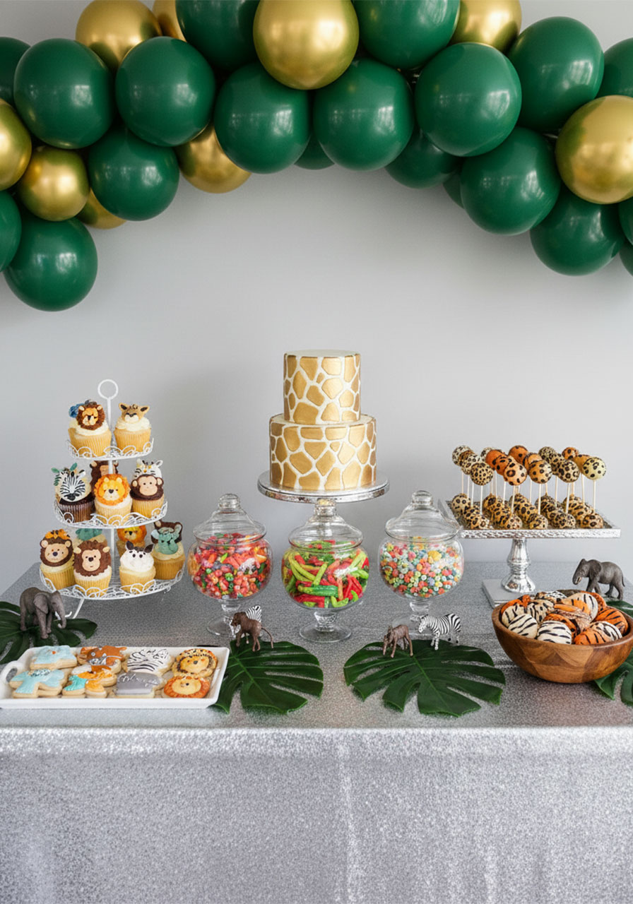 Full zoo birthday party dessert table with cake cupcakes cake pops macarons and animal cookies with safari decorations, complete party food spread for kids	