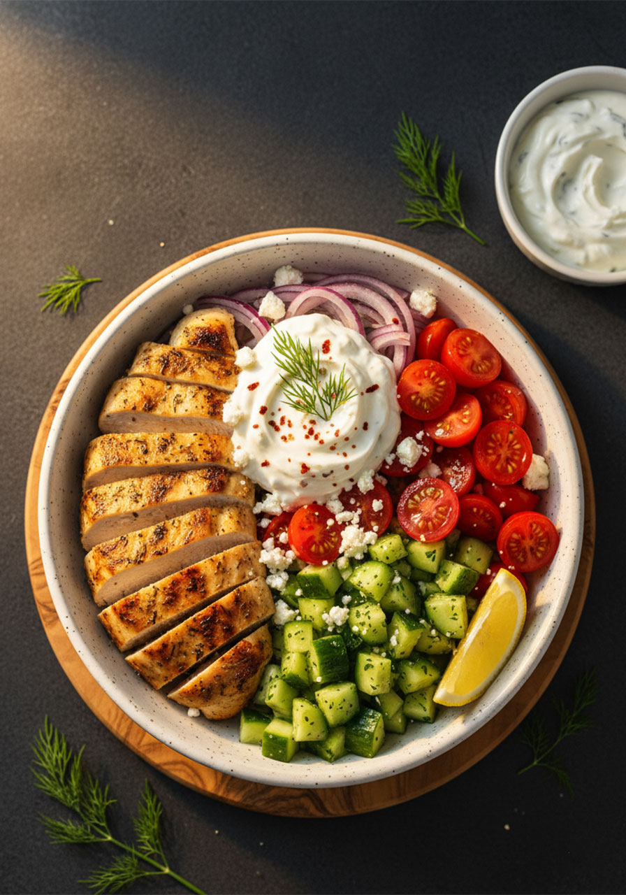 Healthy Greek chicken bowl with grilled herb chicken, homemade tzatziki, fresh vegetables, and feta — perfect for clean eating and weekly meal prep