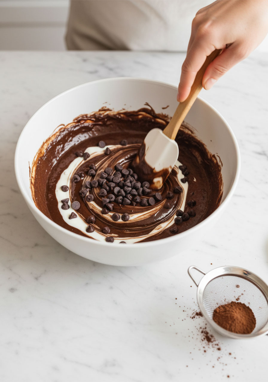 Mixing dark chocolate Greek yogurt brownie batter in white ceramic bowl with rubber spatula and chocolate chips ready to fold in