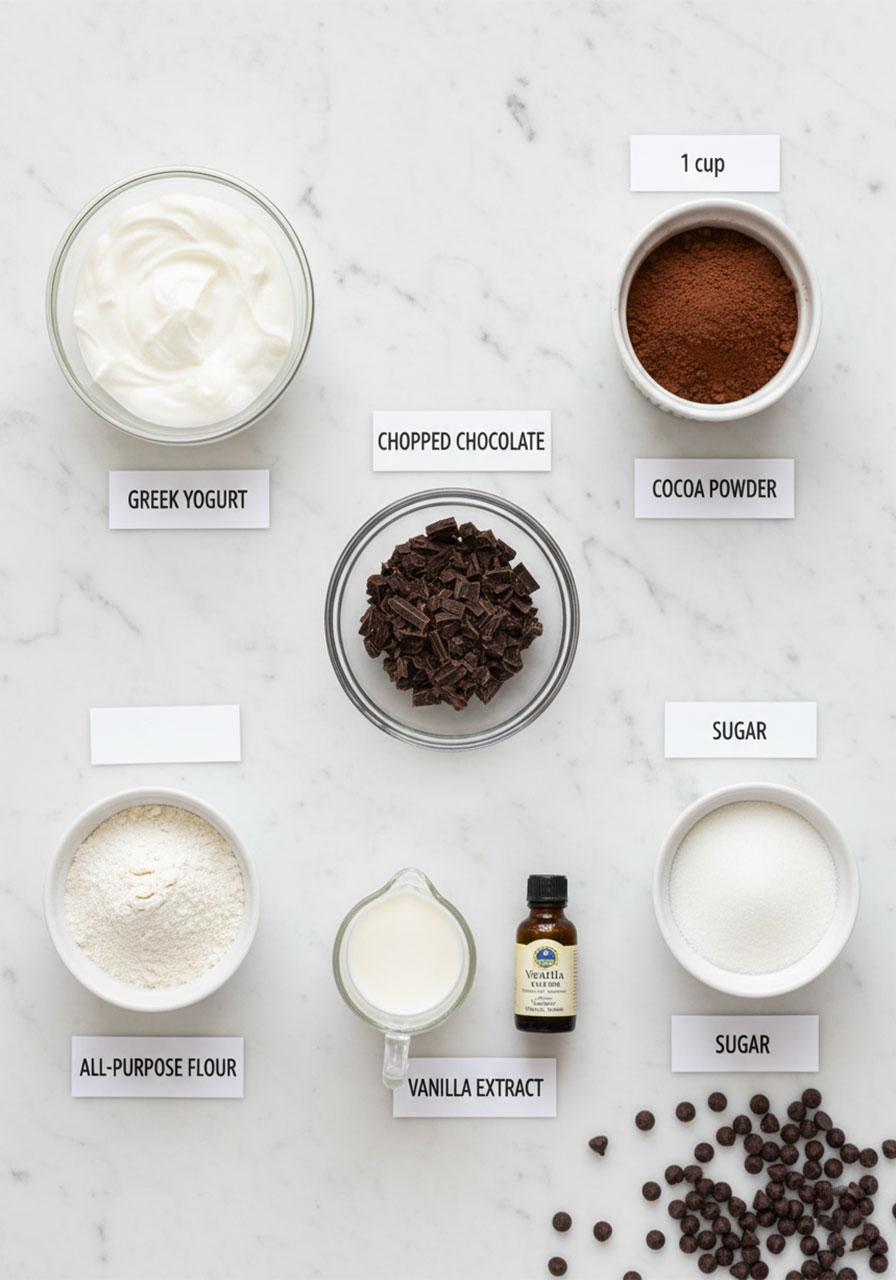 Overhead flat lay of all ingredients needed for sugar free Greek yogurt brownies including cocoa powder, vanilla yogurt, chocolate chips, and flour