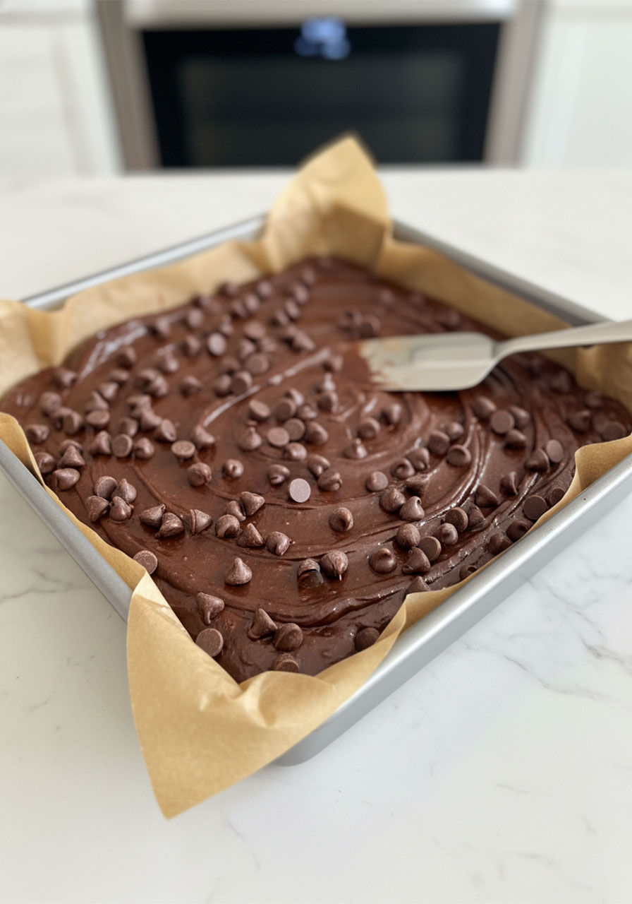 8x8 baking pan lined with parchment paper filled with chocolate chip Greek yogurt brownie batter ready to go in the oven