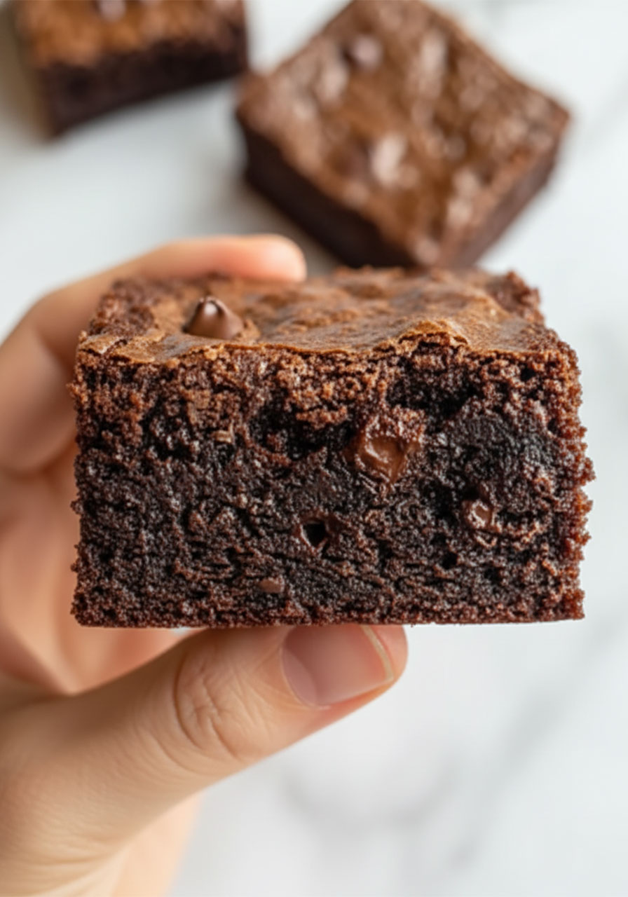 Close-up cross section of a fudgy sugar free Greek yogurt brownie showing moist dense chocolate interior with melted chocolate chip pockets