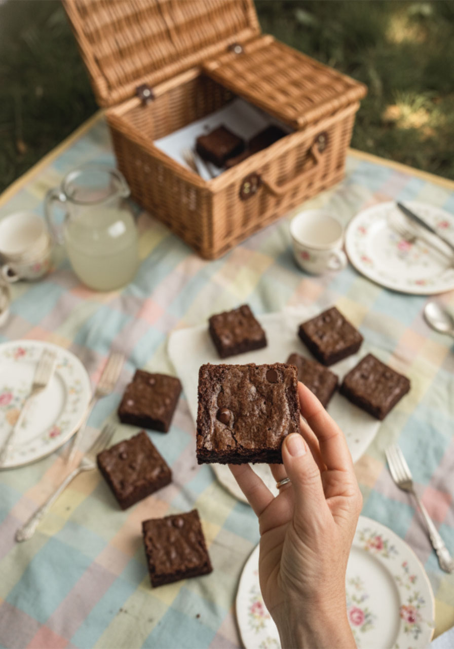 Hand holding a fudgy Greek yogurt brownie square showing moist chocolate interior and melted chocolate chips