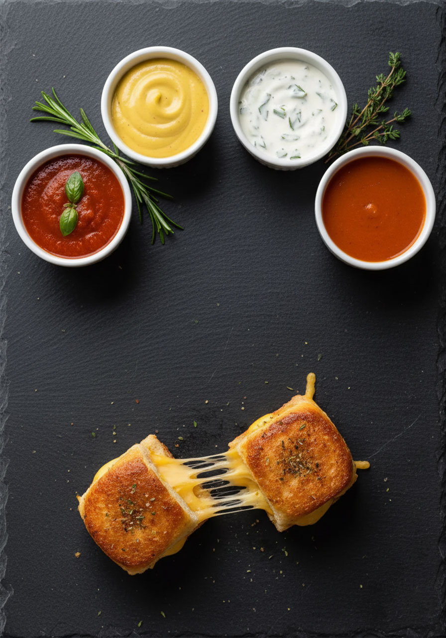 Mini grilled cheese Hawaiian roll sliders with four dipping sauce options including marinara, honey mustard, ranch, and tomato soup