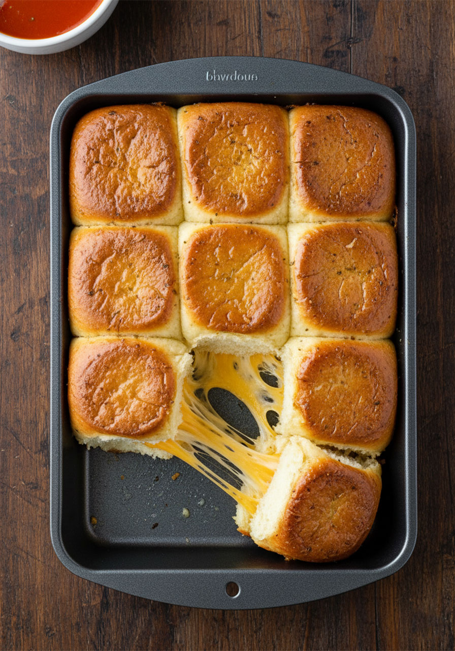 Overhead view of golden brown grilled cheese sliders on Hawaiian rolls in a baking pan with one slider pulled away showing melted cheddar and provolone cheese stretch, served alongside tomato soup
