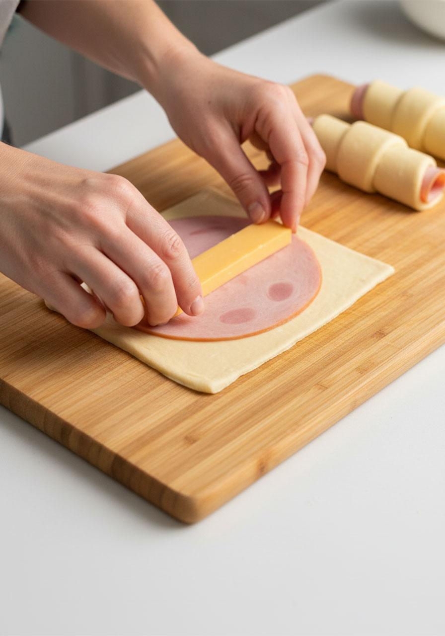Hands assembling ham and cheese sticks by layering deli ham and cheddar cheese stick on crescent dough rectangle before rolling and baking