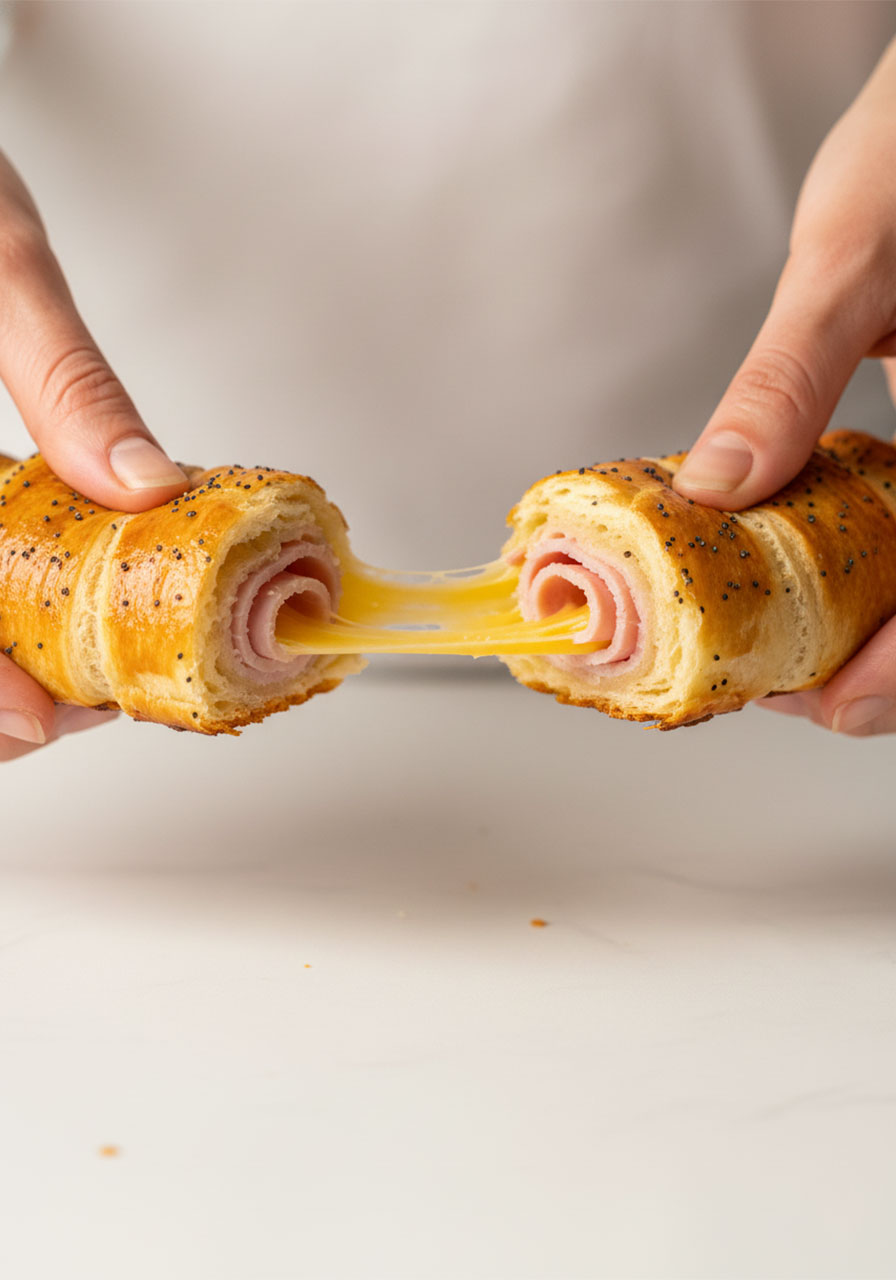 Close-up cross-section of a ham and cheese stick being pulled apart showing melted cheddar cheese pull and flaky crescent dough layers