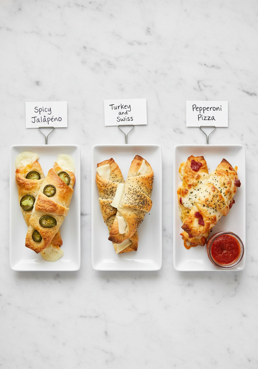 Three flavor variations of ham and cheese sticks including spicy jalapeño, turkey and Swiss, and pepperoni pizza style arranged on white plates
