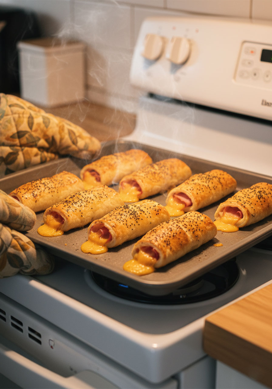 Ham and cheese crescent sticks fresh from the oven on a baking sheet, golden brown with melted cheddar cheese oozing from the ends