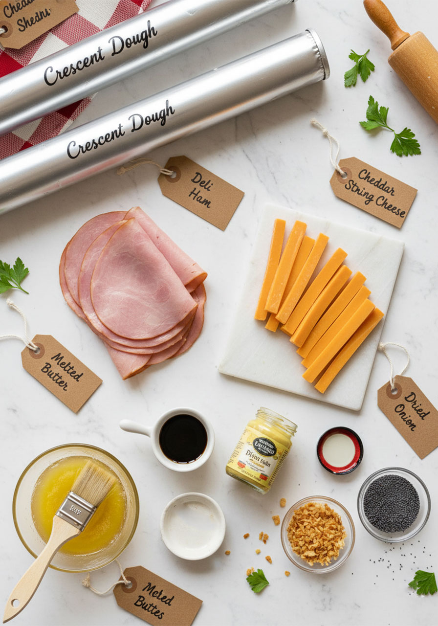 Flat lay of all ingredients for ham and cheese sticks including crescent dough, deli ham, cheddar cheese sticks, butter, Dijon mustard, and poppy seeds on white marble