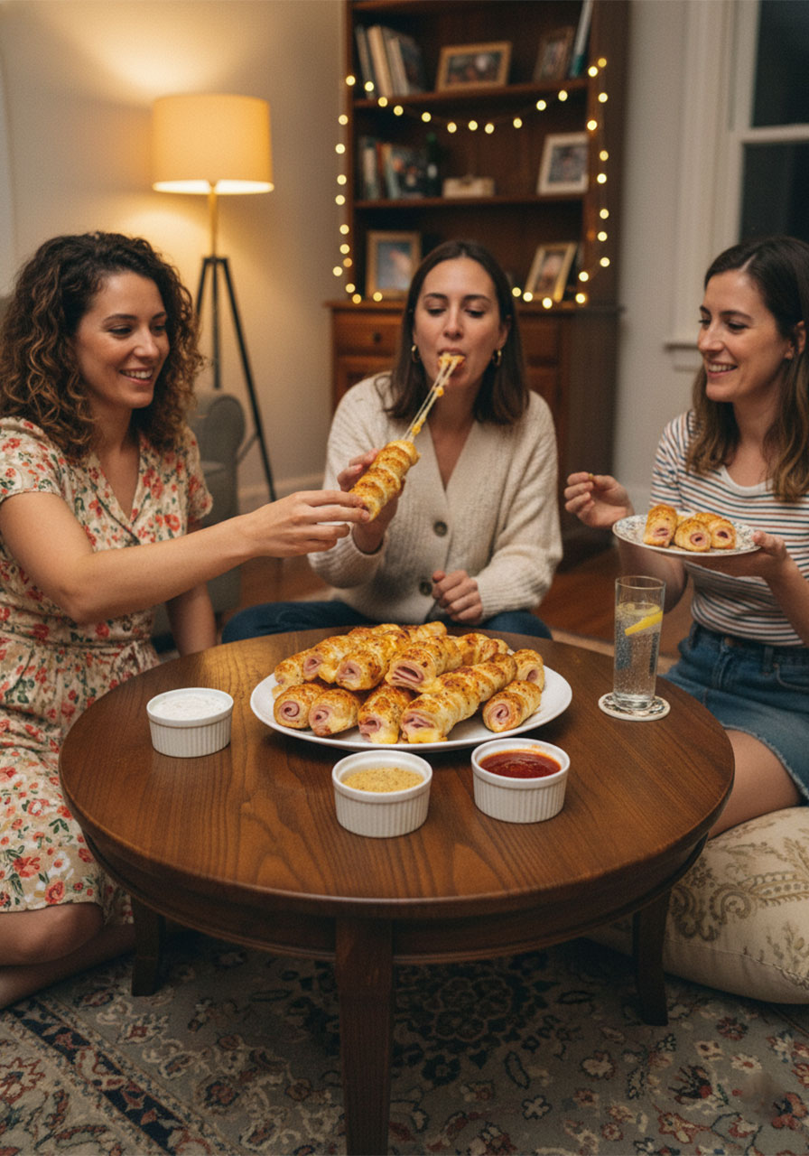 Three women at a casual party sharing ham and cheese sticks from a serving platter with dipping sauces on a coffee table