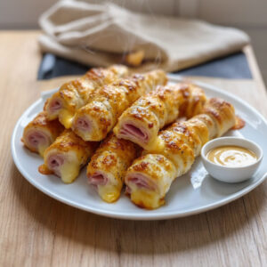 Golden baked ham and cheese sticks piled on a white serving platter with honey Dijon dipping sauce – quick party snack for guests