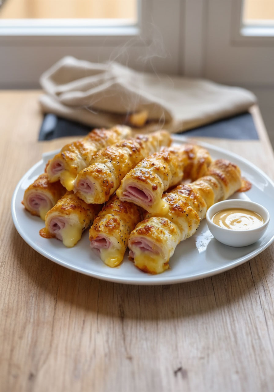 Golden baked ham and cheese sticks piled on a white serving platter with honey Dijon dipping sauce – quick party snack for guests