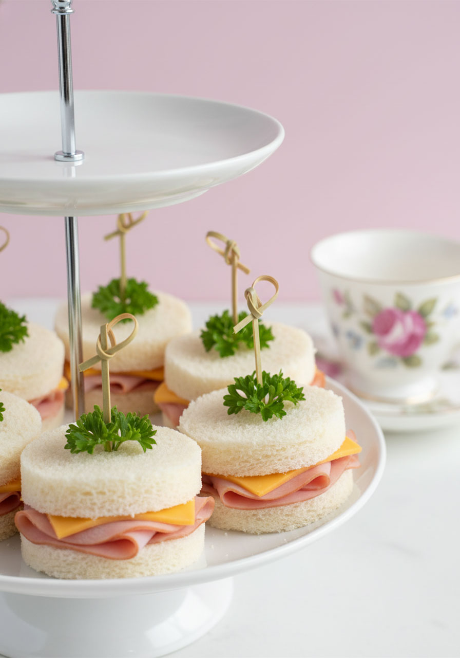 Round ham and cheese tea party sandwiches on white cake stand, secured with parsley toothpicks, layered with pink ham and cheddar cheese on soft white bread