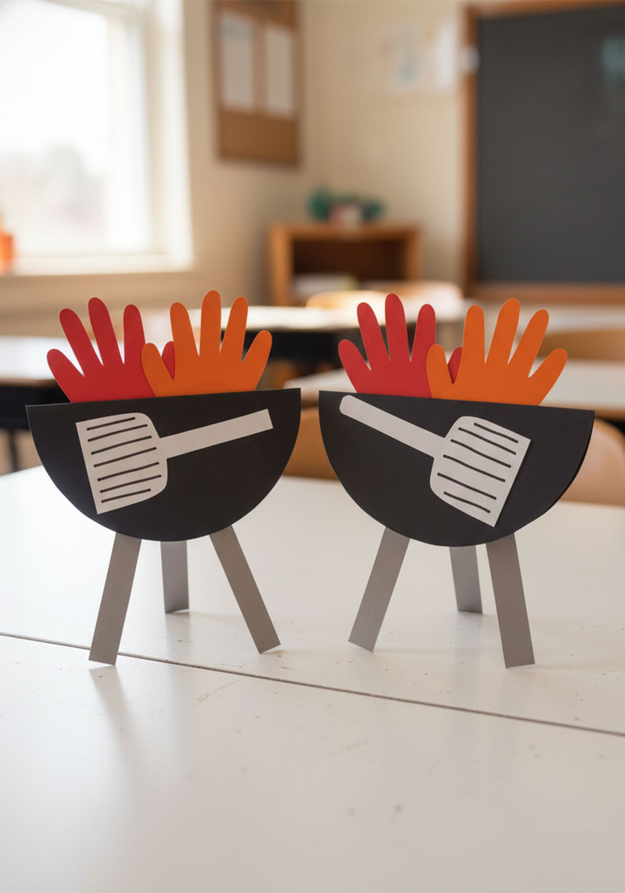 Two completed handprint Father's Day BBQ grill cards standing on white surface showing flames and spatula detail
