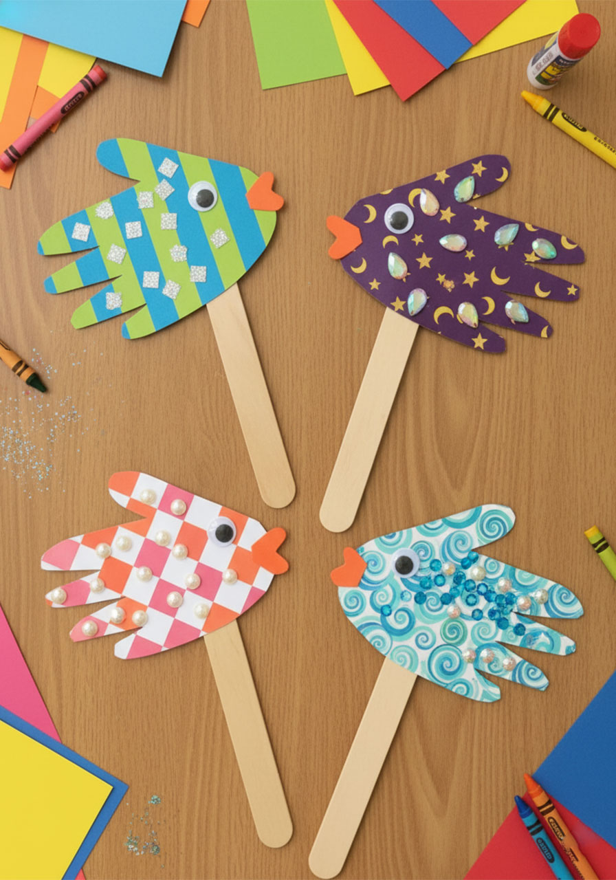 Four completed handprint fish puppet crafts in purple, blue, and navy construction paper decorated with colorful sequins and googly eyes on popsicle sticks