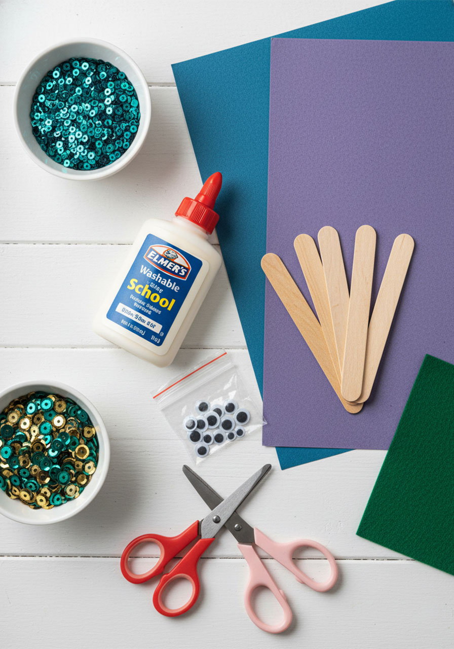 All supplies needed for handprint fish puppet craft including construction paper, popsicle sticks, googly eyes, sequins, Elmer's glue, felt, and safety scissors