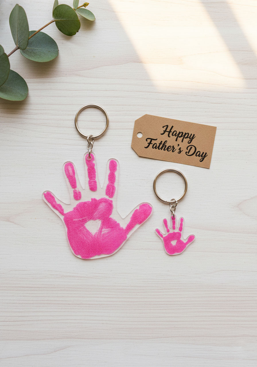 Two finished pink DIY shrink plastic handprint keychains on silver key rings styled with kraft gift tag and eucalyptus — Father's Day gift idea for kids to make