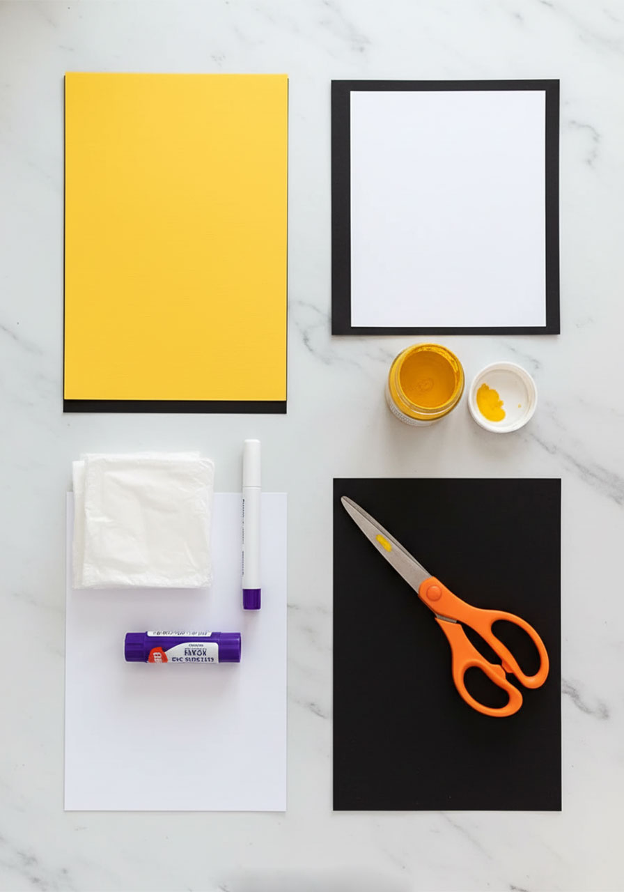 All supplies needed for the handprint trophy Father's Day craft: yellow, white, and black cardstock, yellow paint, scissors, glue stick, and white paint pen laid flat on white surface