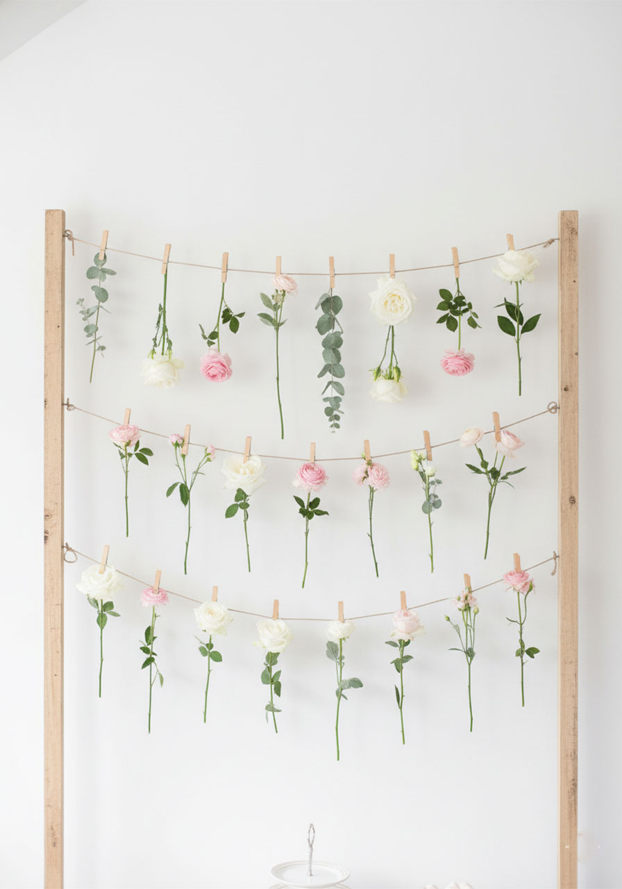 White and blush flower stems hung with clothespins on wire as a floral garland backdrop for a tea party dessert table