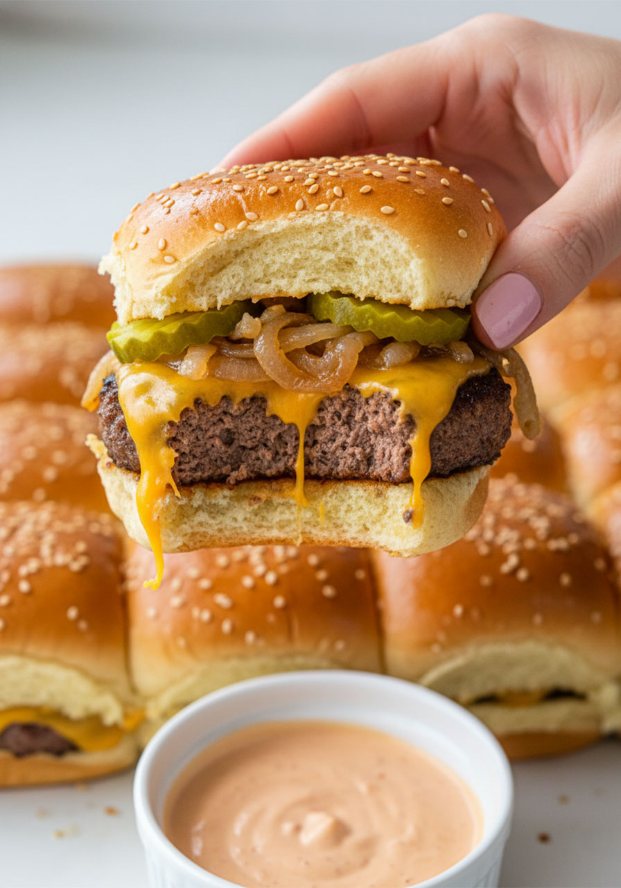Close-up cross-section of a Hawaiian roll cheeseburger slider showing layers of beef, melted cheese, caramelized onions, and pickles held in hand with burger sauce