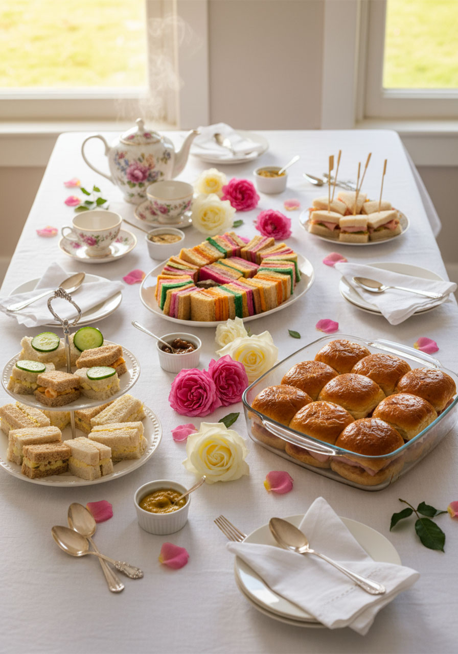 Complete high tea party table spread showing assorted mini sandwiches including cucumber tea sandwiches, ham and cheese sliders, rainbow ribbon sandwiches, and classic finger sandwiches with teapot and flowers