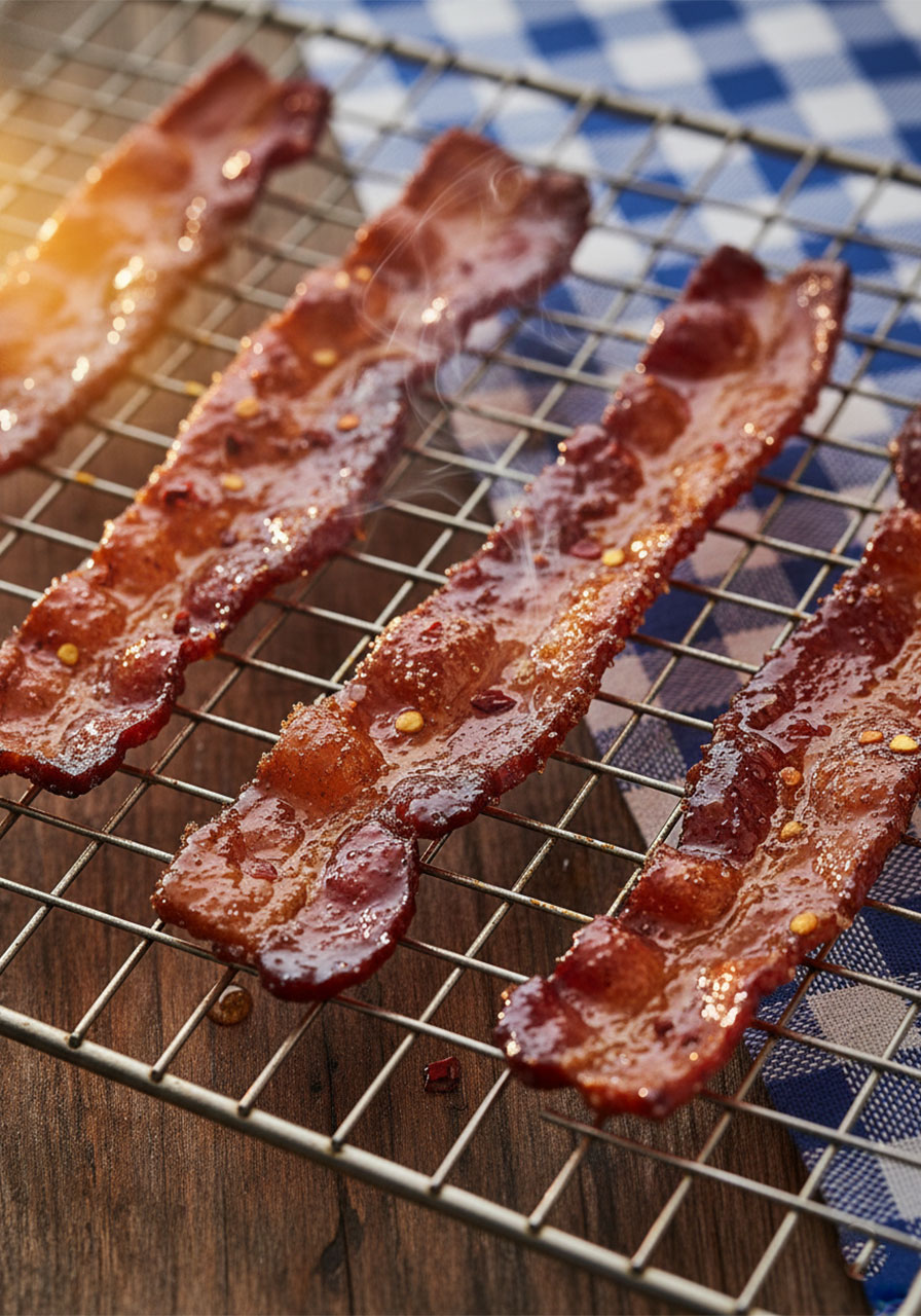 Homemade caramelized candied bacon with brown sugar glaze fresh from the oven for bacon crostini appetizer