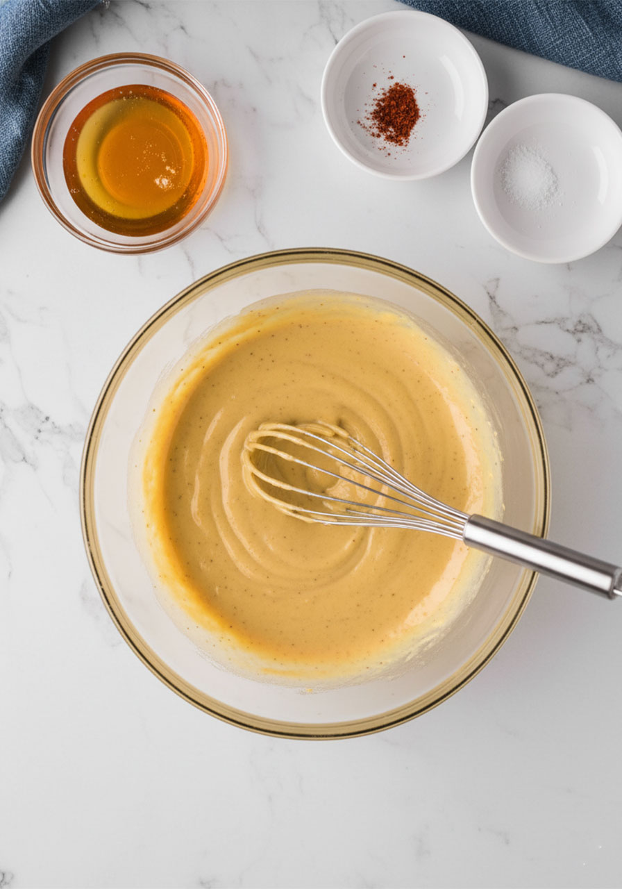 Homemade honey mustard dipping sauce in a glass bowl with a whisk, made with Dijon mustard, mayonnaise, honey, and cayenne pepper for pigs in a blanket