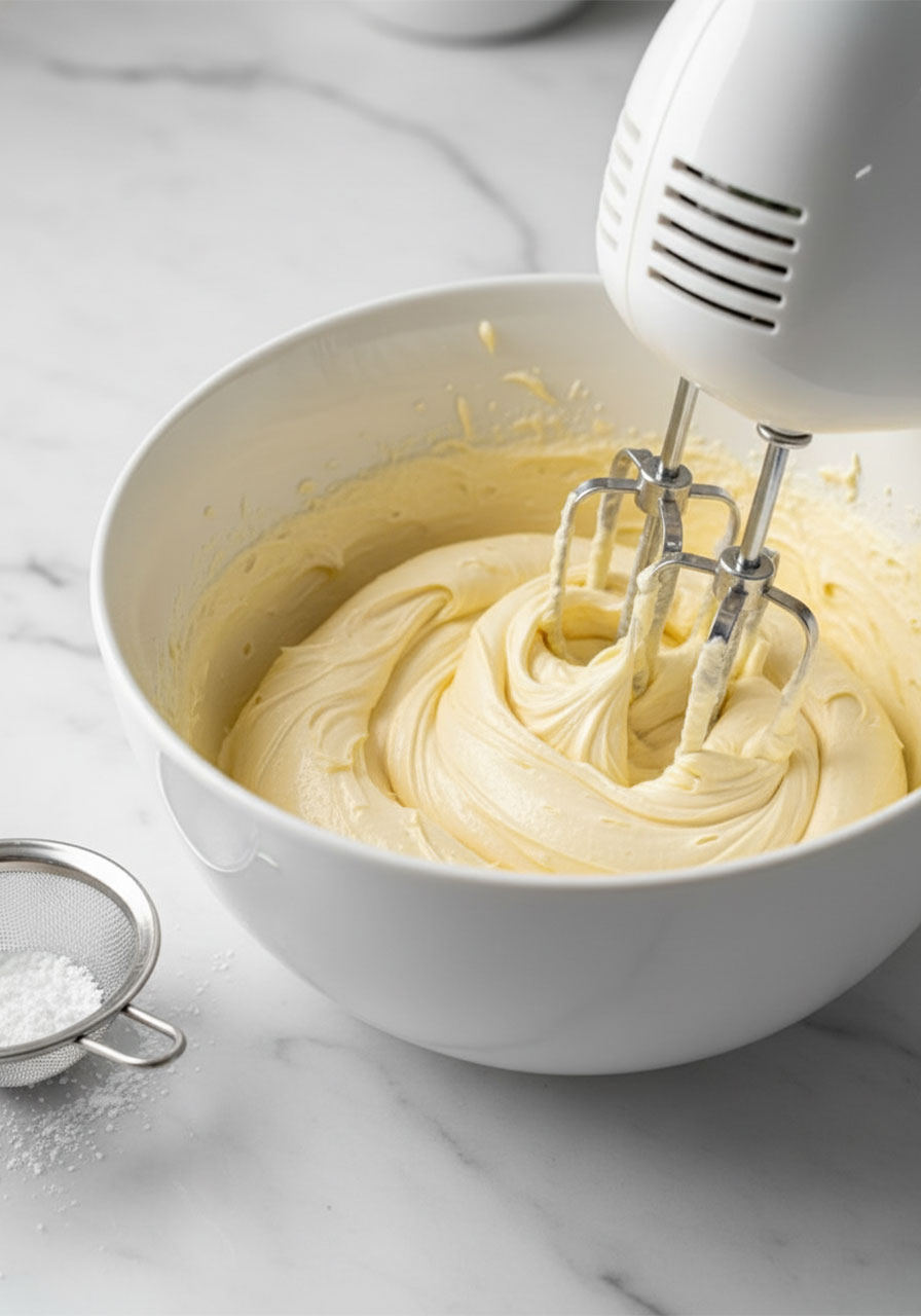 Whipping homemade vanilla buttercream in a white bowl with a hand mixer for mini Victoria cakes