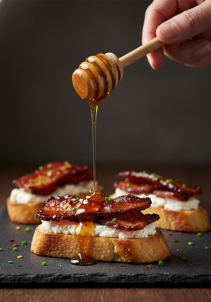 Drizzling hot honey over million dollar bacon crostini with candied bacon and goat cheese for the perfect finishing touch	