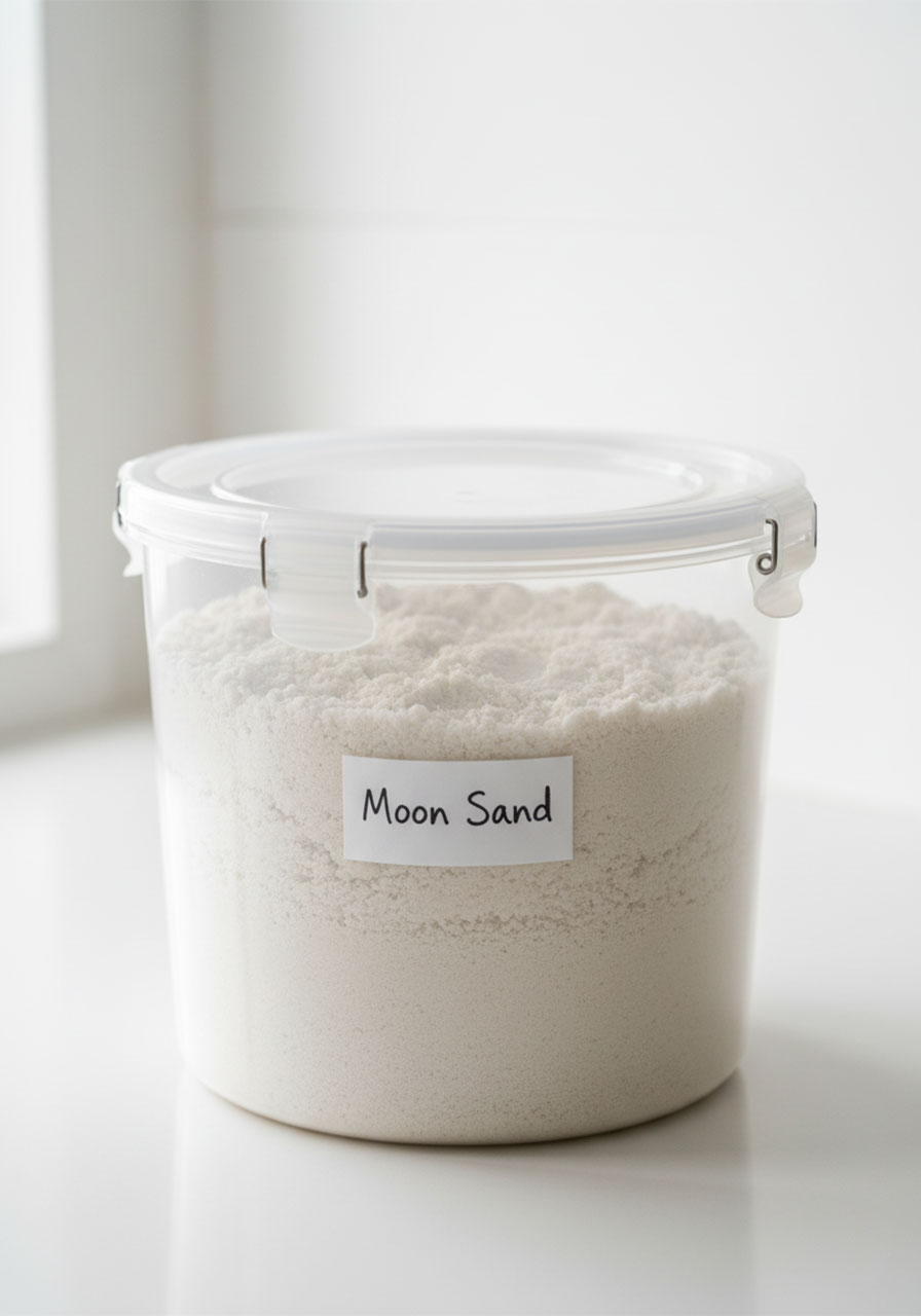Moon sand stored in a sealed airtight container to keep it fresh for up to 4 weeks