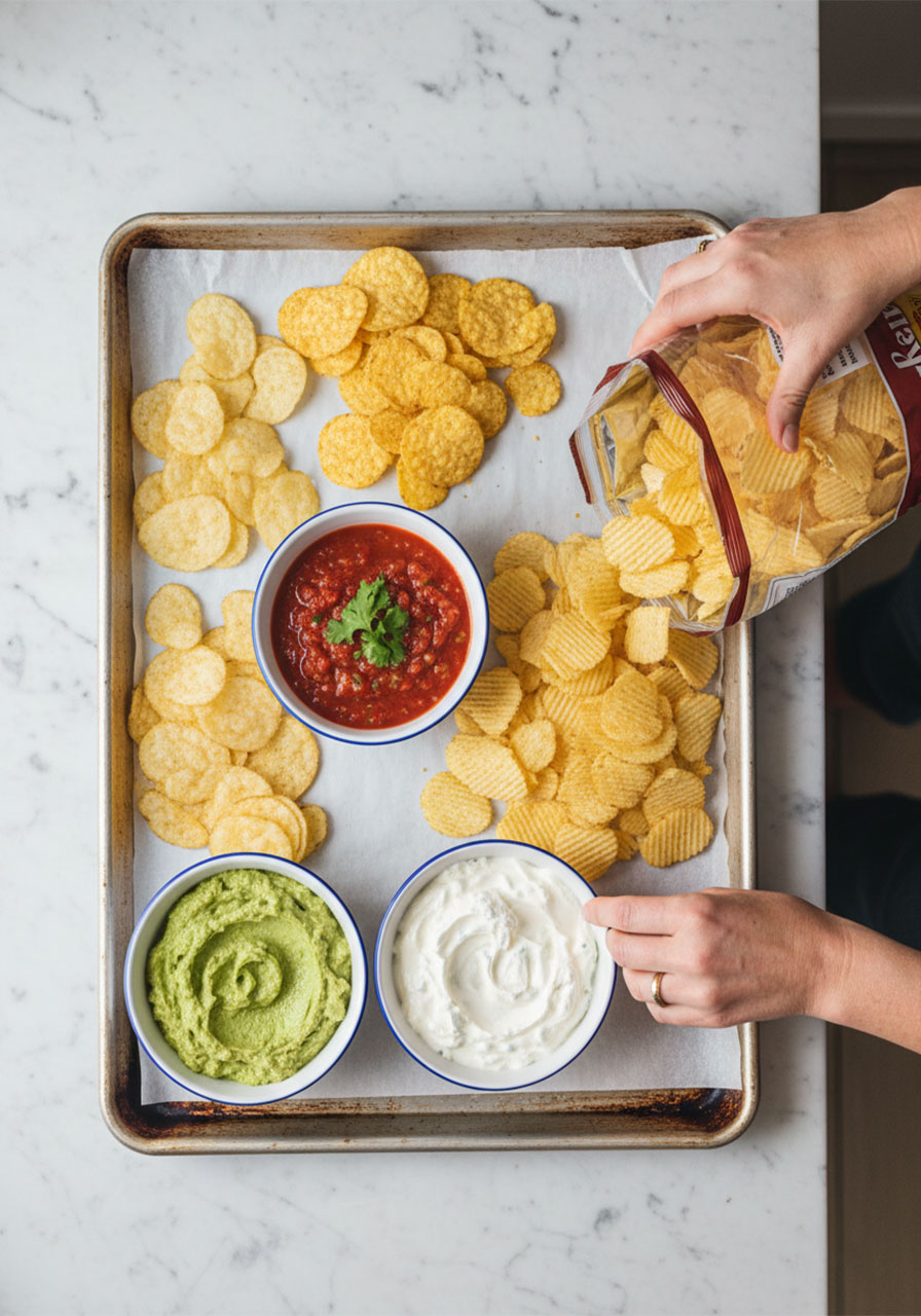 A woman assembling a chips and dip party snack board by pouring crinkle chips around dip bowls on a parchment-lined sheet pan