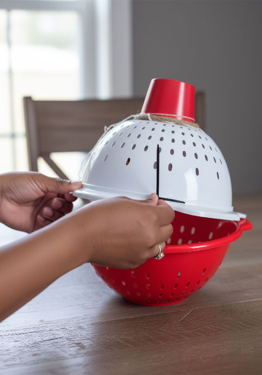 Hands connecting red and white colanders with a zip tie to form a fishing bobber shape for a Father's Day gift basket