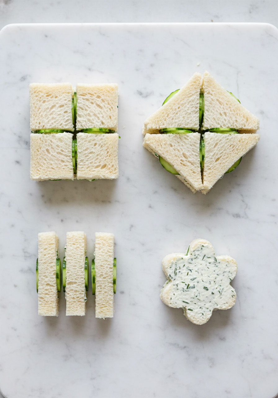 Four cucumber tea sandwiches cut into different shapes including squares, triangles, finger strips, and a flower cookie cutter shape to show cutting options for high tea parties