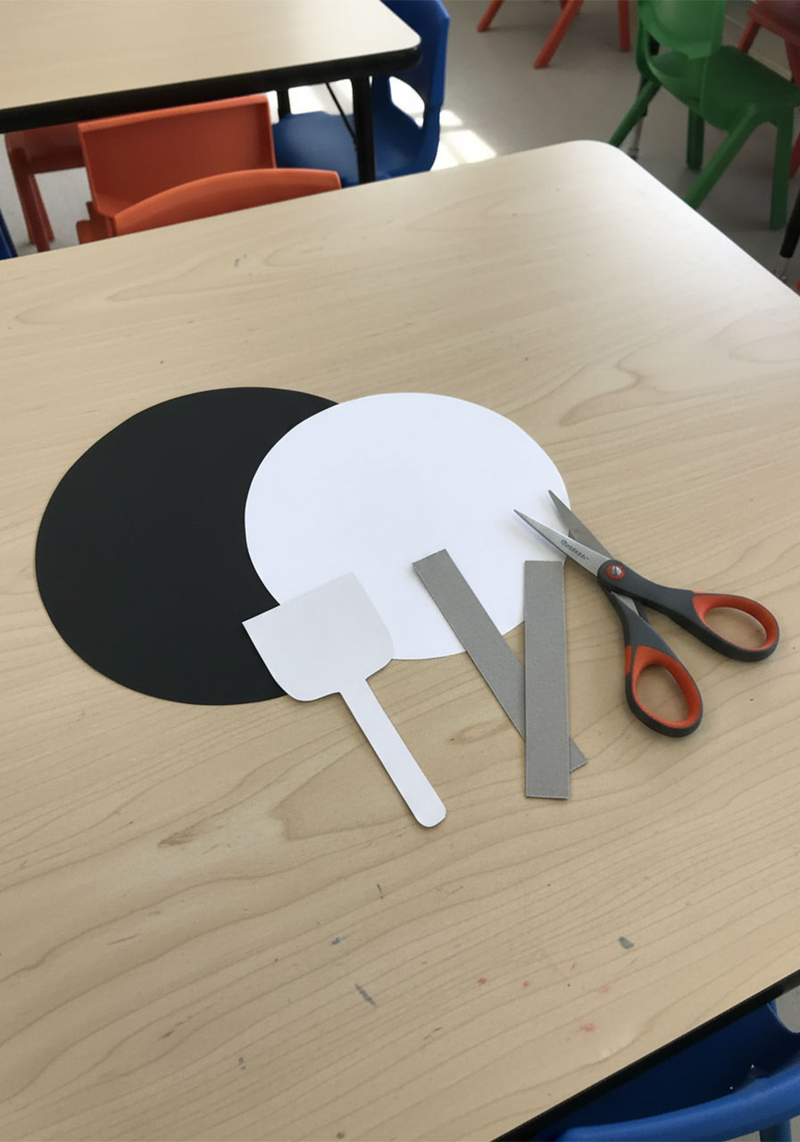 Adult hands cutting large black cardstock circle for Father's Day grill card with white circle and grey leg strips nearby